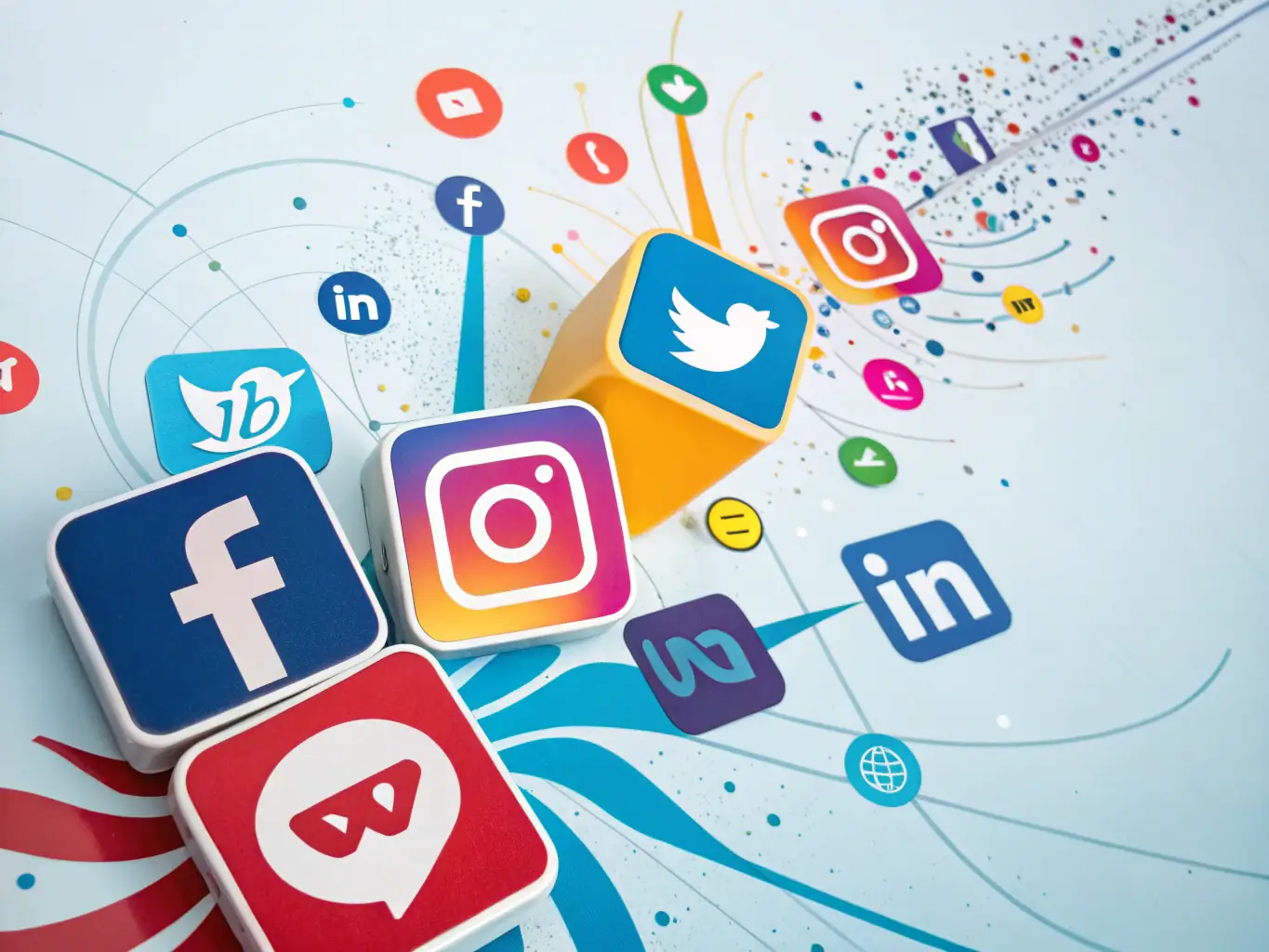 A vibrant image showcasing various social media platforms and engagement metrics, highlighting RetailBoost's social media management service.